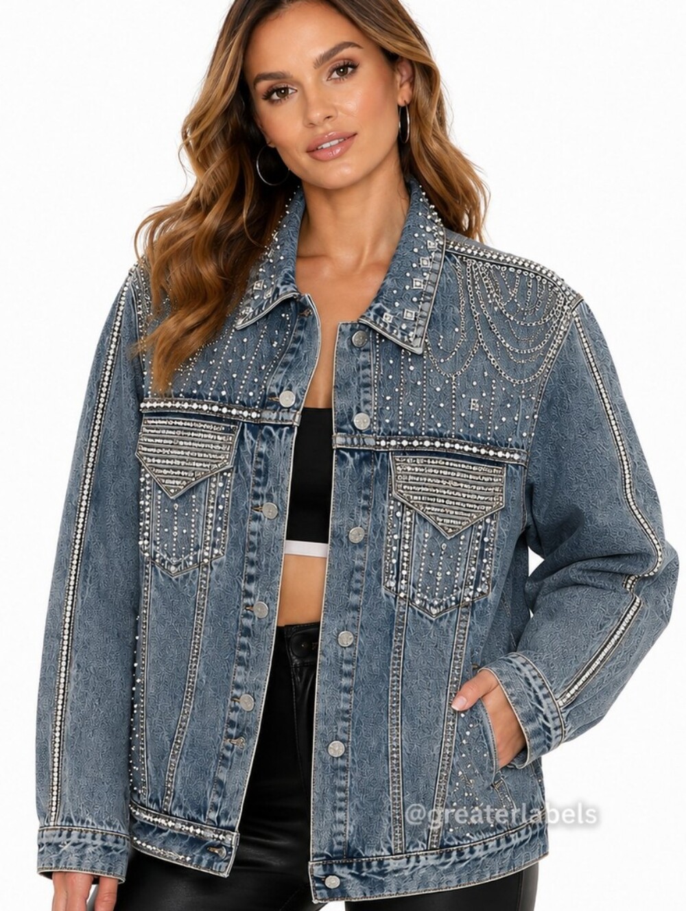 Alice + Olivia AO.LA Rhinestone and Chain Embellished Oversized Denim Jacket M